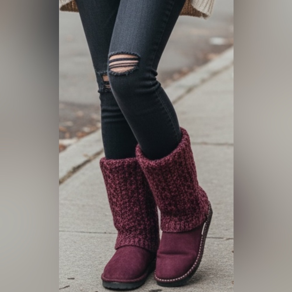 Muk Luks Women’s Burgundy Jackie Knit Faux Suede Mid-Calf Boots Size 9 - Picture 3 of 15